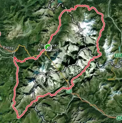 De route loopt om de Mont-Blanc heen en trekt vanuit Frankrijk door Zwitserland en Italië terug naar Chamonix, Frankrijk